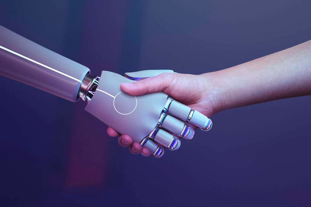 Robot handshake human background, futuristic digital age of ai
